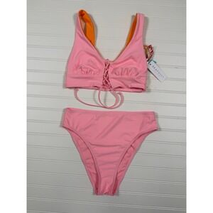 Seafolly Bikini Lace Up Front High Cut Colorblock Pink Orange Barbiecore w/flaws